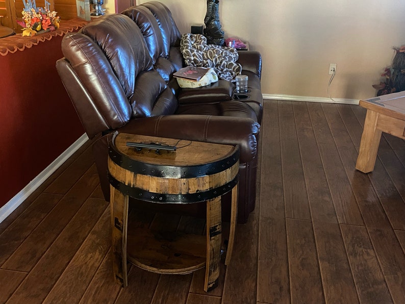 half whiskey barrel side table, barrel side table, whiskey barrel end table, whiskey barrel table, half round end table, barrel end table image 5