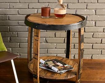 Bourbon Whiskey Barrel End Table: Rustic Double Lid Design