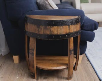 Half Whiskey Barrel Side Table: Rustic End Table with Shelf