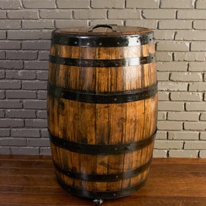 Bourbon Barrel Trash Can, wooden storage bin, barrel storage bin, whiskey barrel, whiskey barrel trash can cover