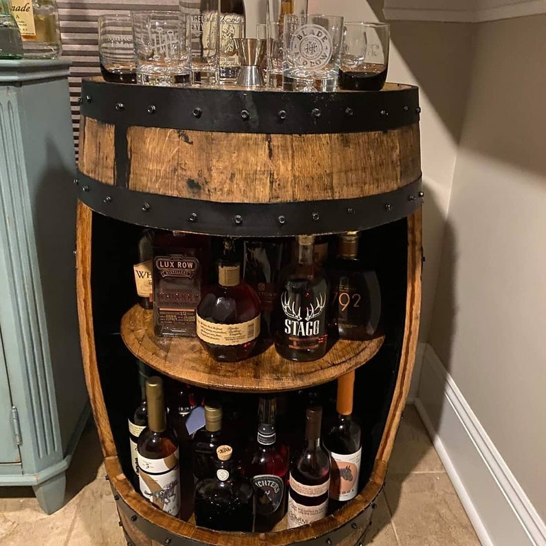 Bourbon Barrel Display Cabinet, whiskey barrel bar, bourbon barrel bar, bourbon barrel cabinet, whiskey barrel cabinet, barrel cabinet image 2