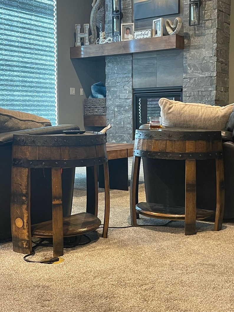 half whiskey barrel side table, barrel side table, whiskey barrel end table, whiskey barrel table, half round end table, barrel end table image 2