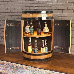 Whiskey Barrel Cabinet with doors, bourbon barrel cabinet with doors, barrel bar, whiskey barrel bar, whiskey barrel cabinet, bourbon barrel