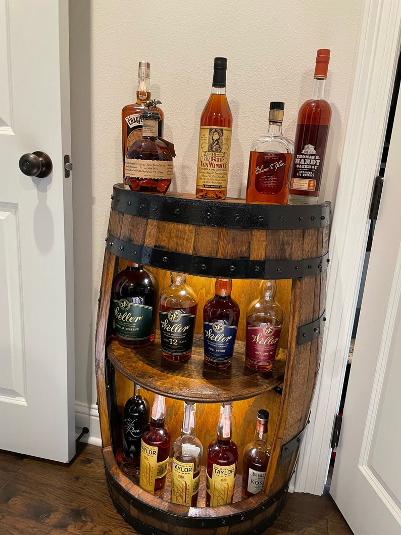 Half Barrel Display, whiskey barrel cabinet, bourbon barrel cabinet, half whiskey barrel cabinet, half barrel cabinet, whiskey barrel bar image 4