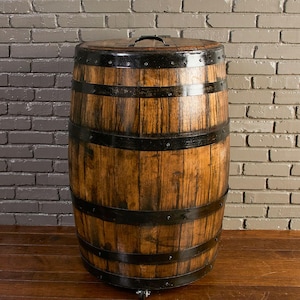 Bourbon Barrel Trash Can Cover: Rustic Wooden Storage Bin