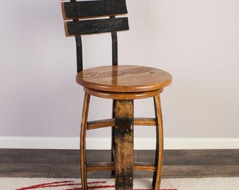 Whiskey Barrel Stave Swivel Bar Stool: Solid Oak Seat, Steel Backrest