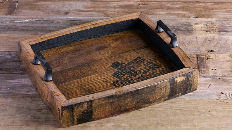 Bourbon Barrel Serving Tray: Personalized Whiskey Wood Ottoman Tray image 1