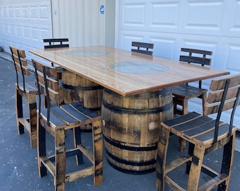 Double Whiskey Barrel Table,  Barrel dining set, bourbon barrel table, whiskey dining set, barrel bar, whiskey barrel bar, oak dining set