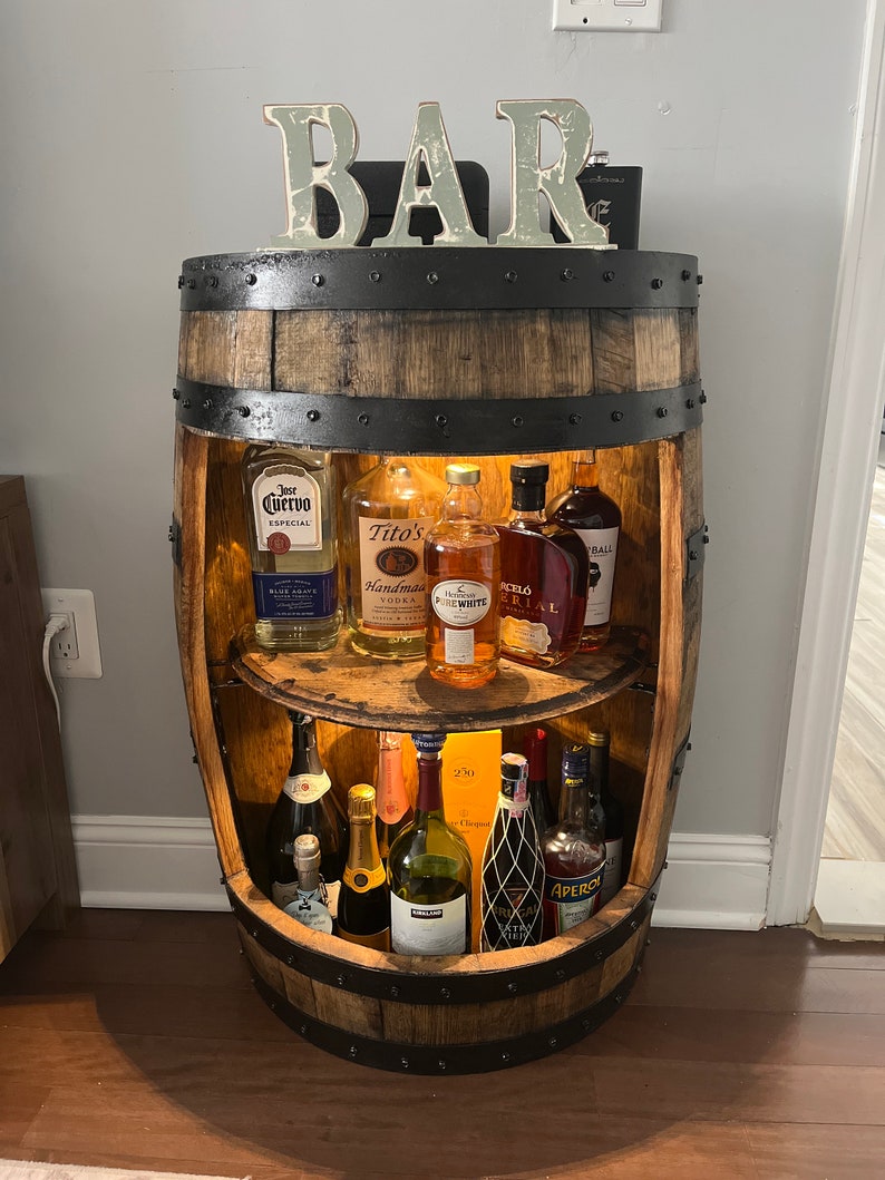 Half Barrel Display, whiskey barrel cabinet, bourbon barrel cabinet, half whiskey barrel cabinet, half barrel cabinet, whiskey barrel bar image 2