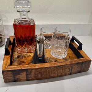 Bourbon Barrel Serving Tray: Personalized Whiskey Wood Ottoman Tray image 2
