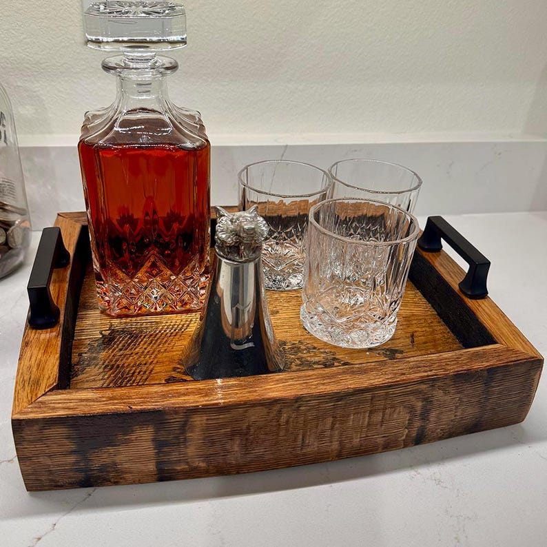 Bourbon Barrel Serving Tray: Personalized Whiskey Wood Ottoman Tray image 2