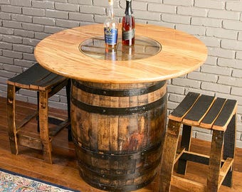 Whiskey Barrel Pub Table with Glass Inlay - 48" Solid Oak Top