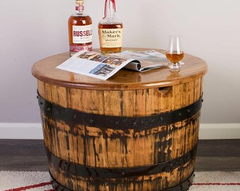 Whiskey Barrel End Table or Coffee Table: Solid Oak Top, Other Color Options