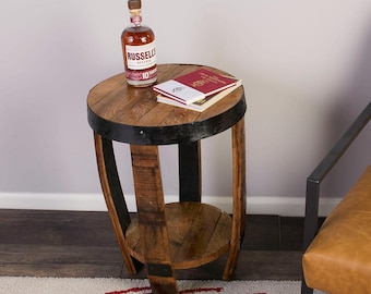 Whiskey Barrel End Table with Shelf: Bourbon Barrel Stave Legs