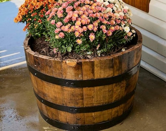 Refinished Bourbon Barrel Planter: Rustic Half Barrel