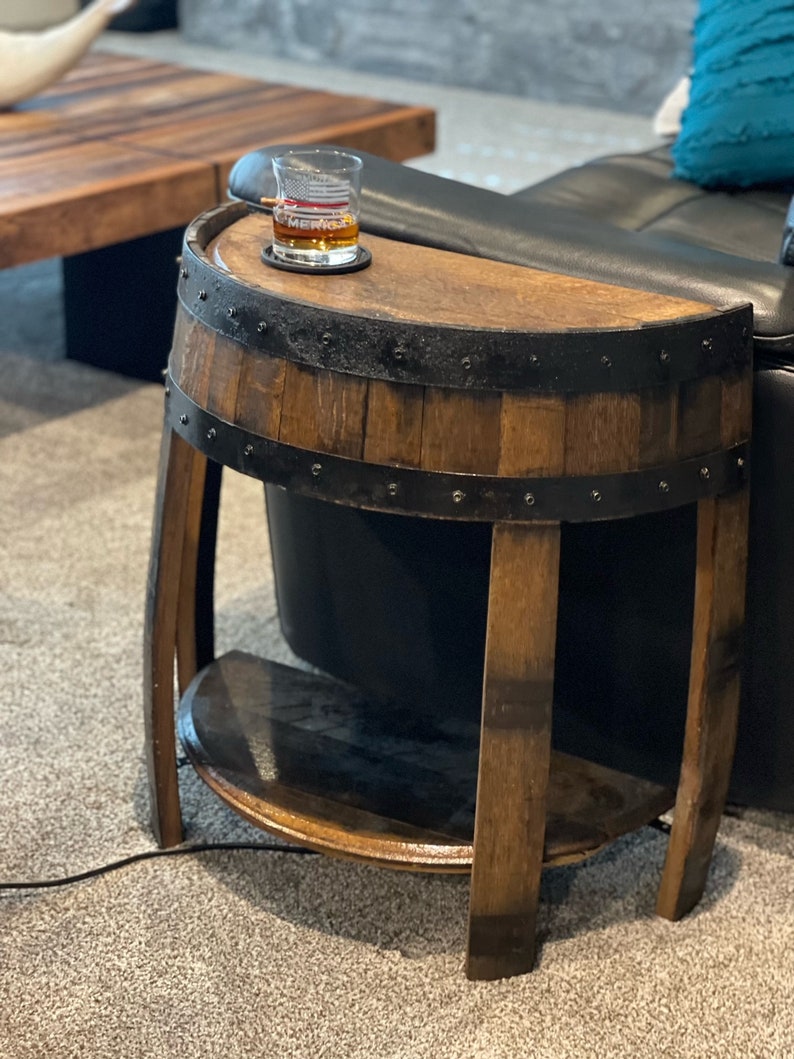 half whiskey barrel side table, barrel side table, whiskey barrel end table, whiskey barrel table, half round end table, barrel end table chestnut