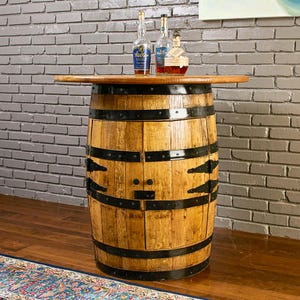 Whiskey Barrel Bar Cabinet with Oak Table & Stave Stools