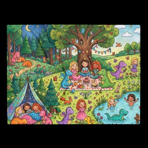 Può includere: Un'illustrazione colorata che raffigura una scena boschiva con bambini e draghi. L'immagine mostra un picnic su una tovaglia a scacchi rossi e bianchi, una tenda blu con figure addormentate e uno stagno con bagnanti. Alberi, fiori e animali riempiono il paesaggio sotto un cielo con una luna crescente.