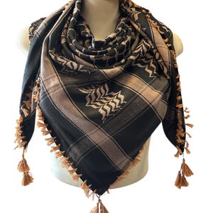 Woven Kufiya Light Brown on Black with Tassels - 48&quot;x48&quot;