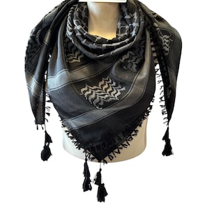 Woven Kufiya Grey on Black, 48&quot;x48&quot; with Tassels