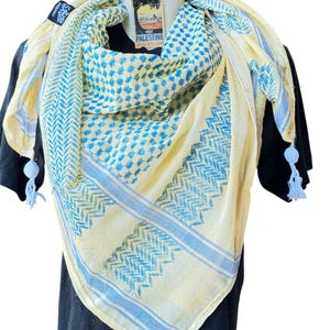 Authentischer Palästina Keffiyeh Schal: blau auf gelb mit gewebten Tessels