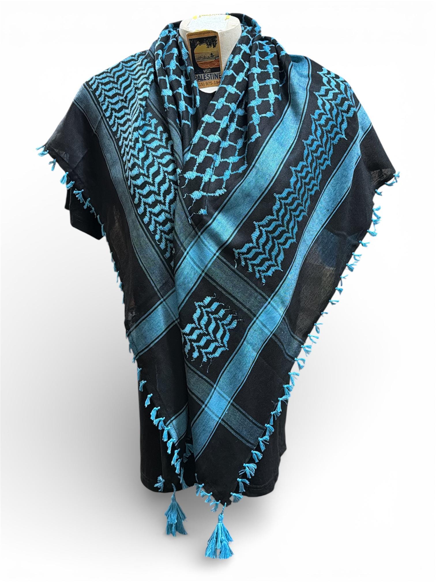 Woven Keffiyeh Blue on Black With 4 Sides Tassels - 48
