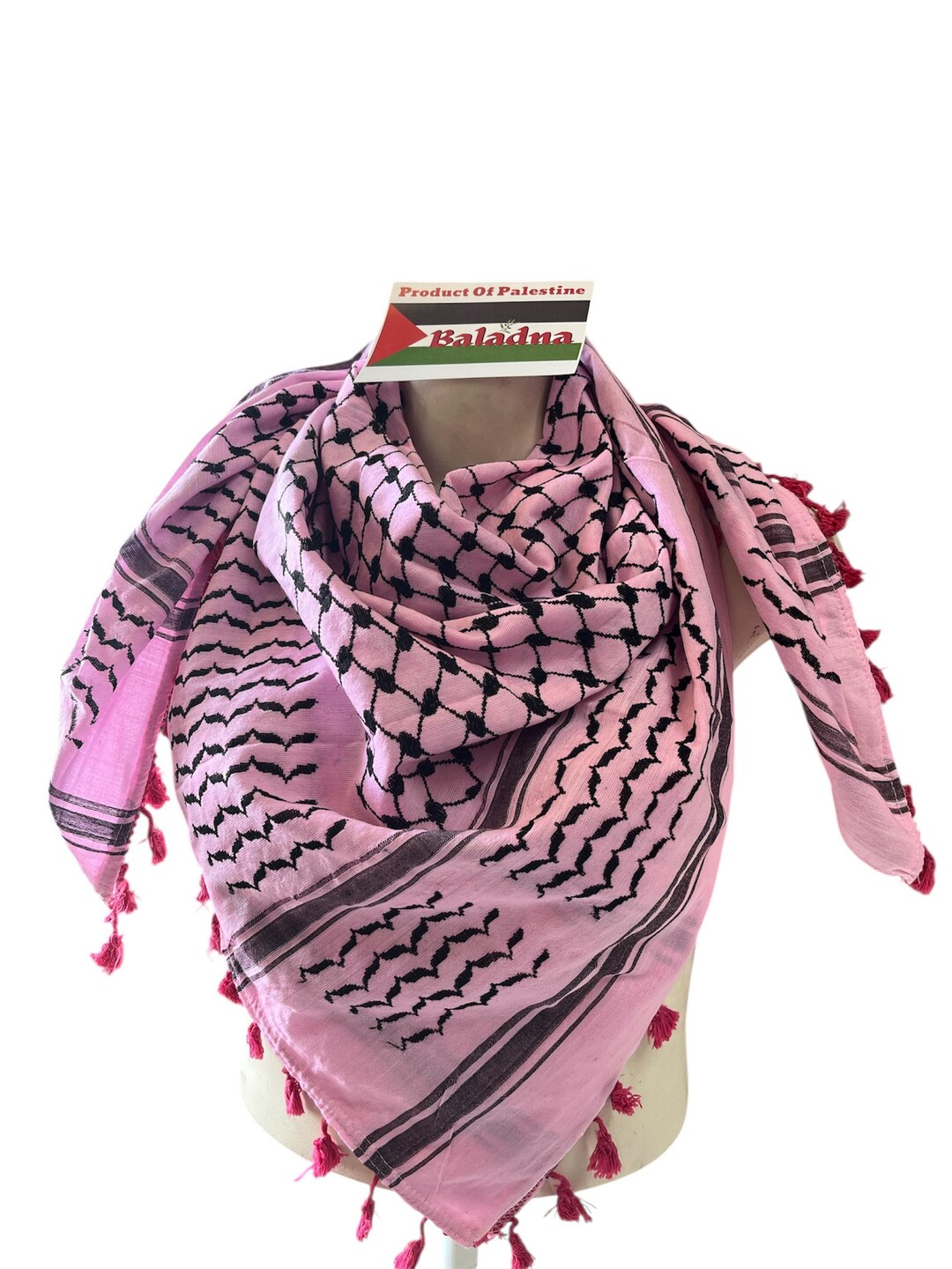 Palestine Made Keffiyeh: Authentic Black on Pink Woven Scarf, 48