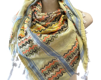 Lenço Kufiya fabricado na Palestina: autêntico tecido multicolorido, 122 cm x 122 cm