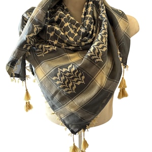 Woven Kufiya Tan on Grey Palestinian Scarf with Tassels