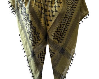 Kufiya (Foulard Palestinien) Noir Et Vert Olive - Motif Étoiles, 100% Coton 100x100 Cm, Neuf