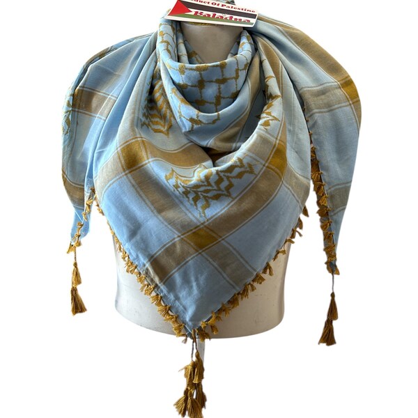 Woven keffiyeh Gold on Blue Scarf with Tassels-48”*48”