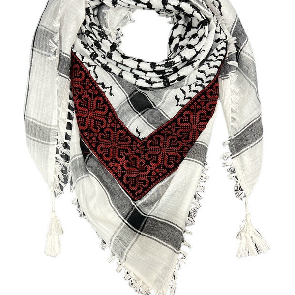 Kuffiyeh w/ Embroidered Side, Arafat, Palestine, 48”x48” woven on a koffiya machine w/ 4 sides tassels