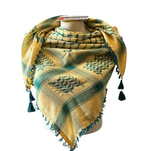 Woven Kufiya Sea Green & Tan Palestinian Scarf with Tassels