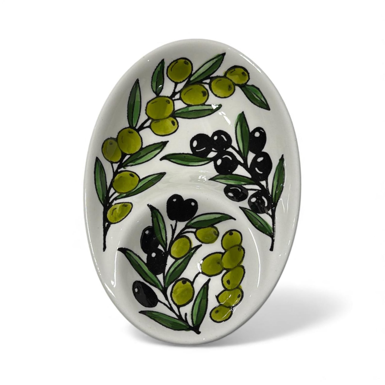 Handmade ceramic Olives design double dip dish 7”made in Palestine