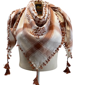 Woven Kufiya Brown & White Palestinian Scarf with Tassels (48&quot;x48&quot;)