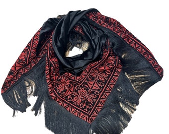 Palestinian Embroidered Shawl, Red & Black, 66 in x 42in x 42in. Made in Palestine.