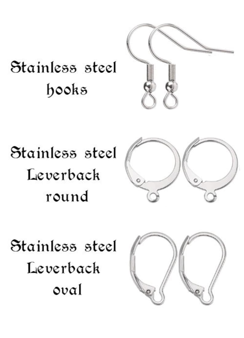 May include: A set of three different types of earring findings: stainless steel hooks, leverback round, and leverback oval.
