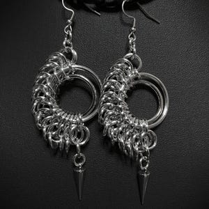 Giger Chainmail Hoop Earrings with Spike: Gothic Punk Jewelry