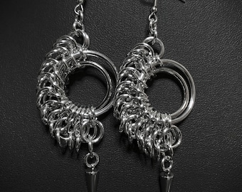 Giger Chainmail Hoop Earrings with Spike: Gothic Punk Jewelry