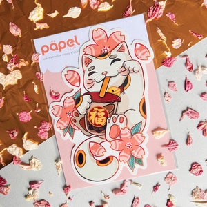 Grand autocollant vinyle premium grand chat porte-bonheur Boba tea, 10 x 15 cm, sticker journal pour ordinateur portable imperméable et résistant aux intempéries, sticker planificateur Maneki Neko