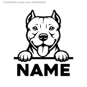 May include: Black and white graphic of a smiling dog with its tongue out, paws resting on a horizontal bar. The word "NAME" is printed in bold, black letters below the bar. The image is a simple, clean design.
