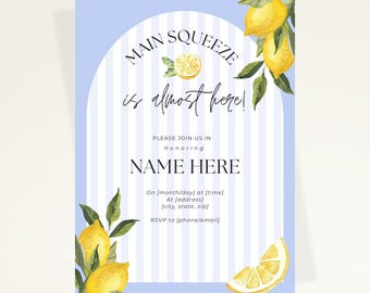 Zaproszenie na baby shower dla chłopca w kolorze cytrynowym | Main Squeeze już prawie gotowe | Edytowalny szablon Canva