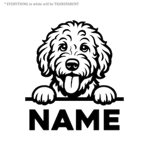 May include: Black and white graphic of a dog with its tongue out, paws resting on a horizontal bar. The word "NAME" is printed in bold, black letters below the bar. The text "* EVERYTHING in white will be TRANSPARENT" is at the top.