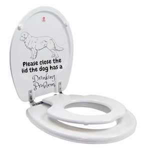 Peut inclure: Abattant de toilette blanc avec une silhouette de chien et le texte "Veuillez fermer le couvercle, le chien a un problème d'alcool."