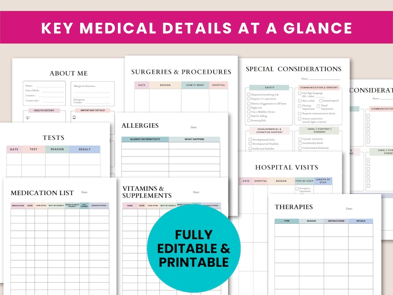 medical journal, emergency binder, caregiver log, medication log, blood pressure log, health binder, symptom tracker, family medical, medication list, habit tracker, medical history, chronic illness, digital planner, printable planner health journal, health tracker