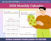 2026 Monthly Calendar Printable (Sunday & Monday Start) - Minimalist Landscape 2026 Calendar PDF, Editable Planner Template, Year Overview