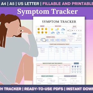 May include: A printable symptom tracker with sections for mood, weather, energy levels, and symptoms experienced. The document includes space to record medications, treatments, water intake, and daily activities. The text at the top reads "Symptom Tracker".