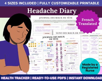Frans pijndagboek afdrukbaar – bewerkbare migrainetracker (A4/A5/Letter/Happy planner) (pdf-download en canva-sjabloon, migrainedagboek)