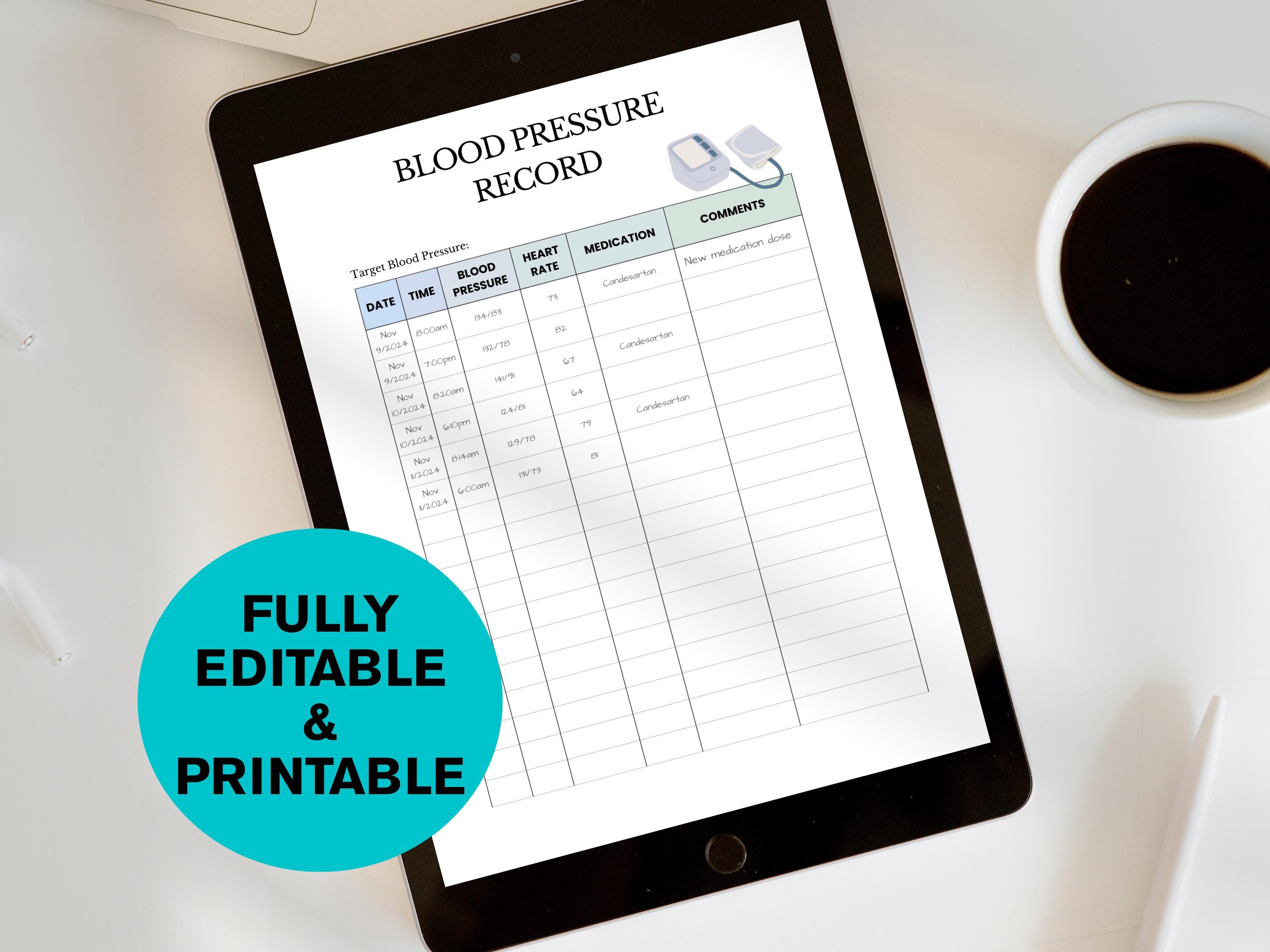 Blood Pressure Log Printable PDF — Daily BP Tracker & Chart, Medical ...