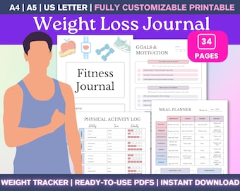 減量トラッカー（印刷可能なPDF）—体重とカロリーの記録、週間体重記録、フィットネスとグローアップトラッカー、減量プランナージャーナル